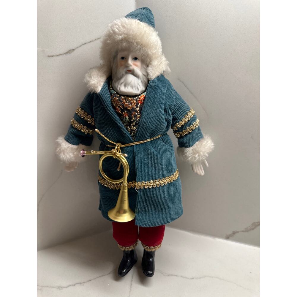 Vintage Ceramic Fabric Old World Santa Blue Coat  Figure Doll Figurine with Horn